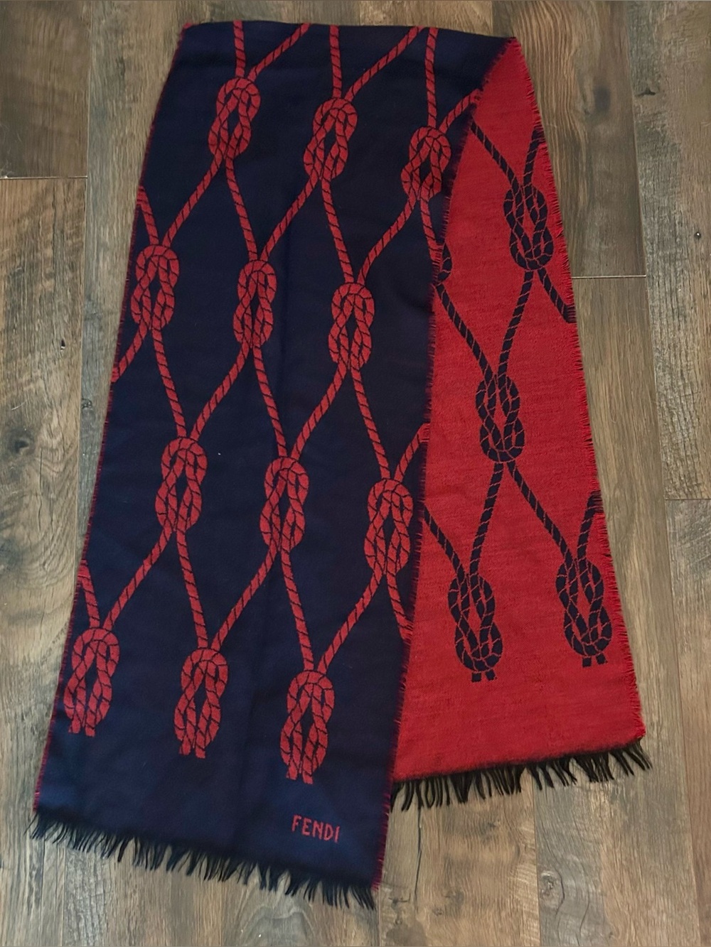 Fendi Nautical Knot Scarf 100% Wool Reversible Navy Red Made in Italy